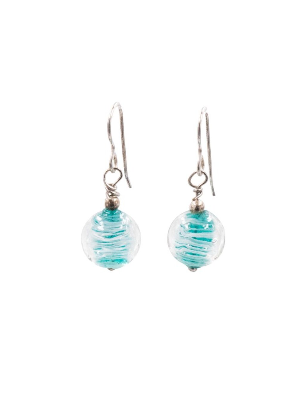 Sterling Silver Blue Murano Glass Dangle Earrings 1.25 Inch Round Art Glass Drop